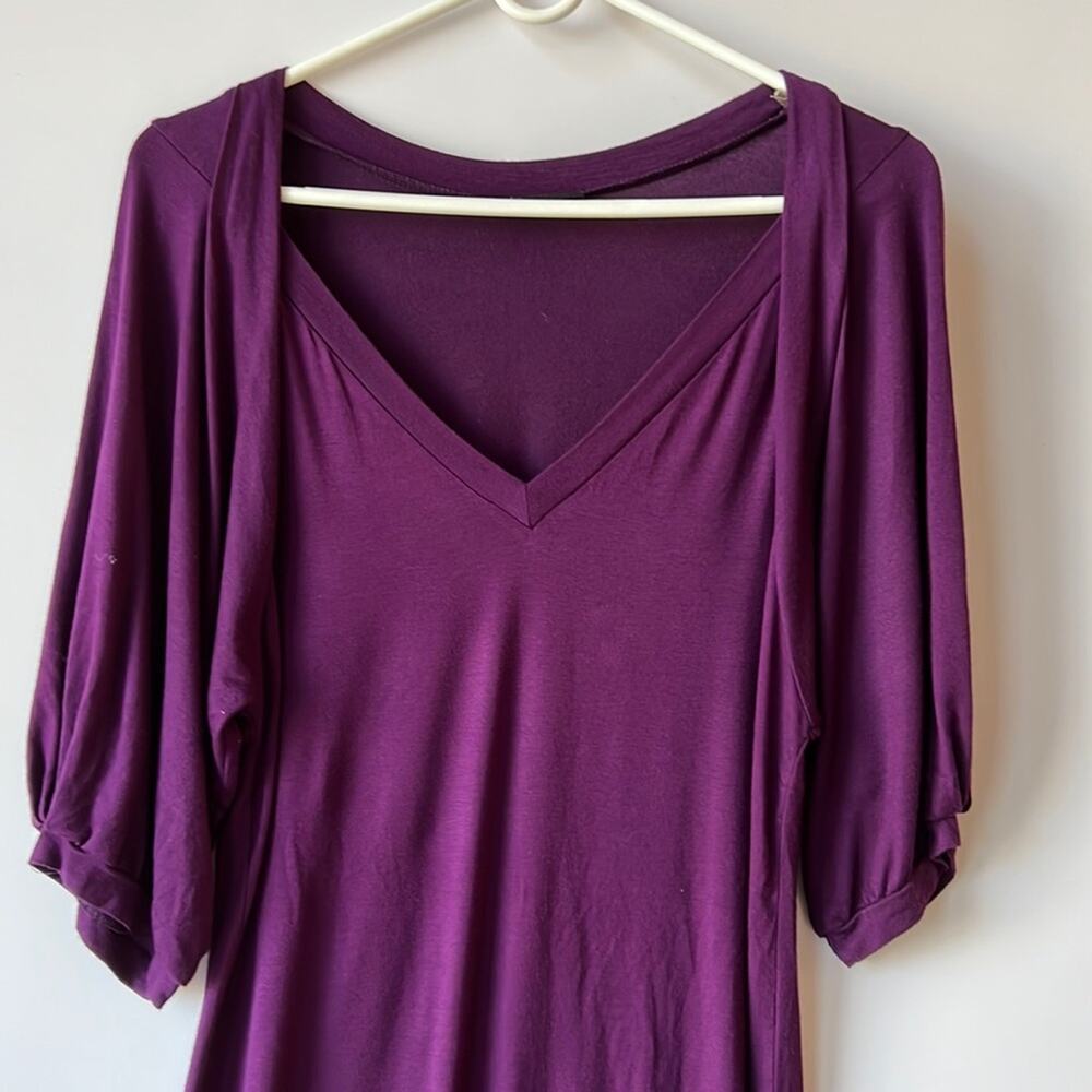 KLD Signature V Neck Drape Shoulder Puff Sleeve Loose Fit Mini Dress Purple L
